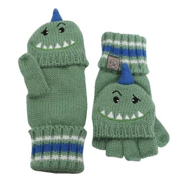 Picture of FlapjackKids Knitted Fingerless Gloves With Mitten Flap - Dino Green